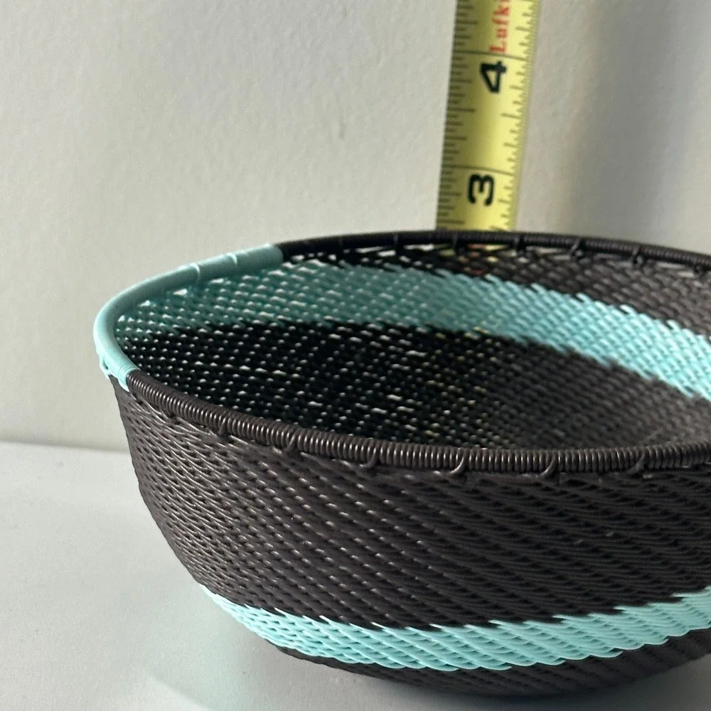African Telephone Wire Bowl Handwoven Decorative‎ Swirl Basket Teal Brown